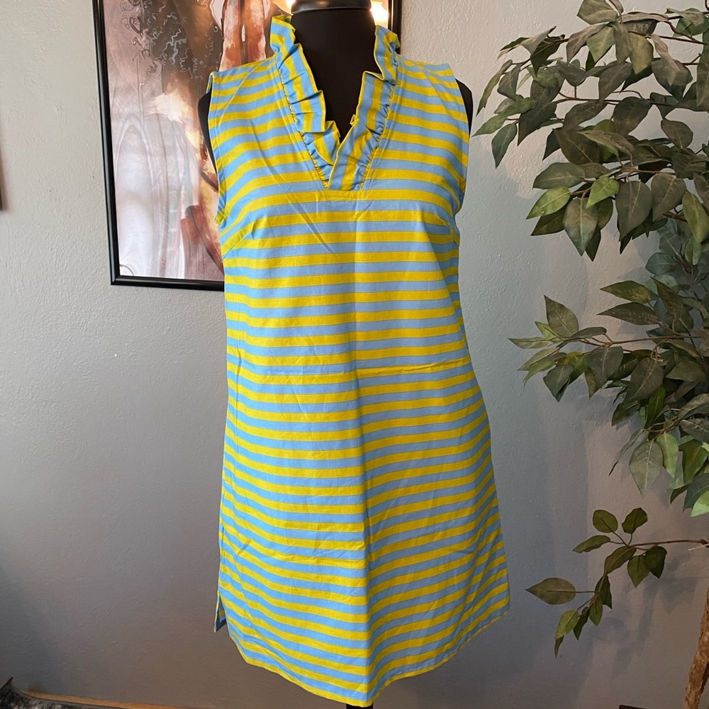 Striped Ruffle V-Neck Mini Dress in Yellow and Teal